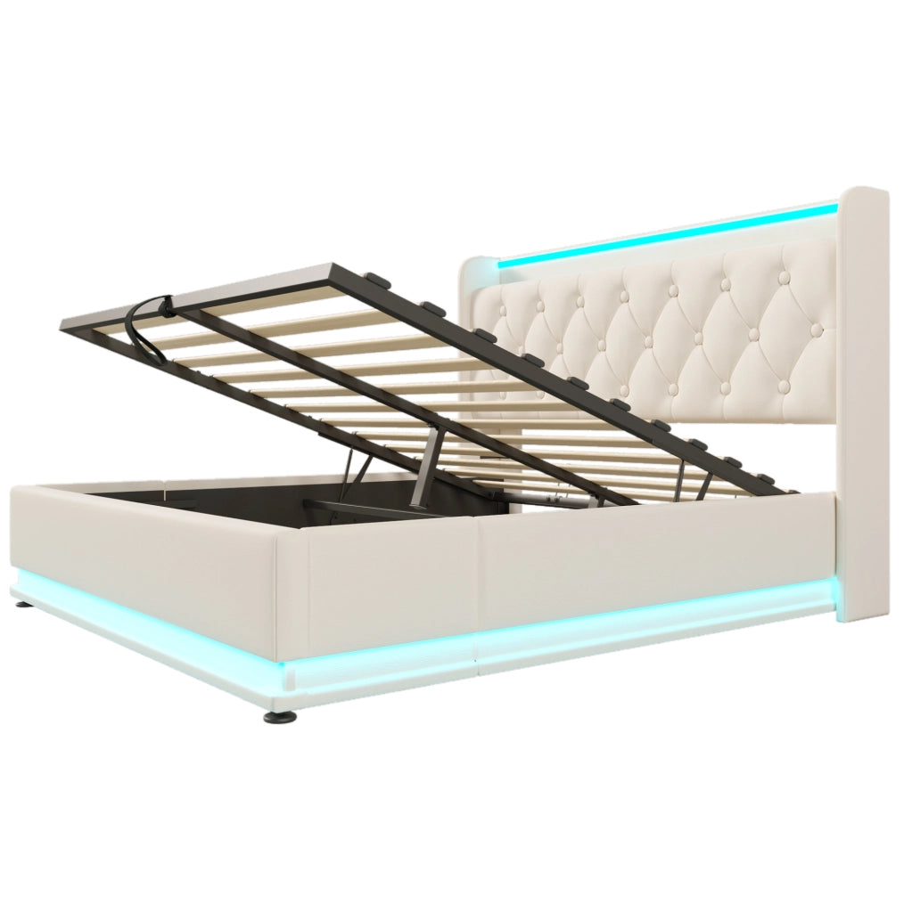 Letto matrimoniale 160x200 cm in PU bianco con LED; contenitore idraulico; USB e materasso