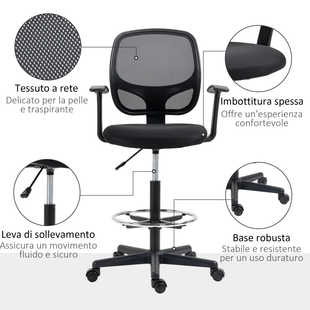 EasyComfort Sedia da Ufficio ad Altezza Regolabile con Braccioli, Rotelle e Seduta Imbottita, 60x56x110-132 cm, Nera