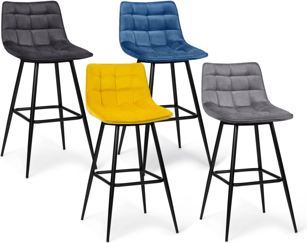 Set di 4 sgabelli da bar in velluto blu, grigio chiaro, grigio scuro, giallo MADY
