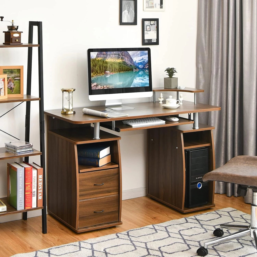 Scrivania con Cassetti, Vassoio per Tasteriera e Ripiani, Scrivania Porta PC e Stampante in Legno, Scrivania Salvaspazio Ideale per Studio e Ufficio, 120 x 55 x 85 cm (Noce)