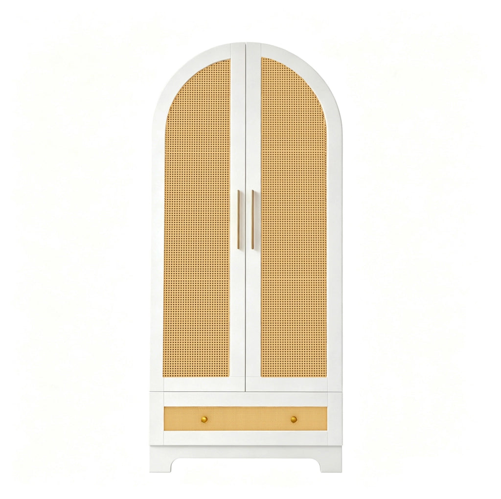 Armadio 2 ante bianco con 2 cassetti e pannelli effetto rattan