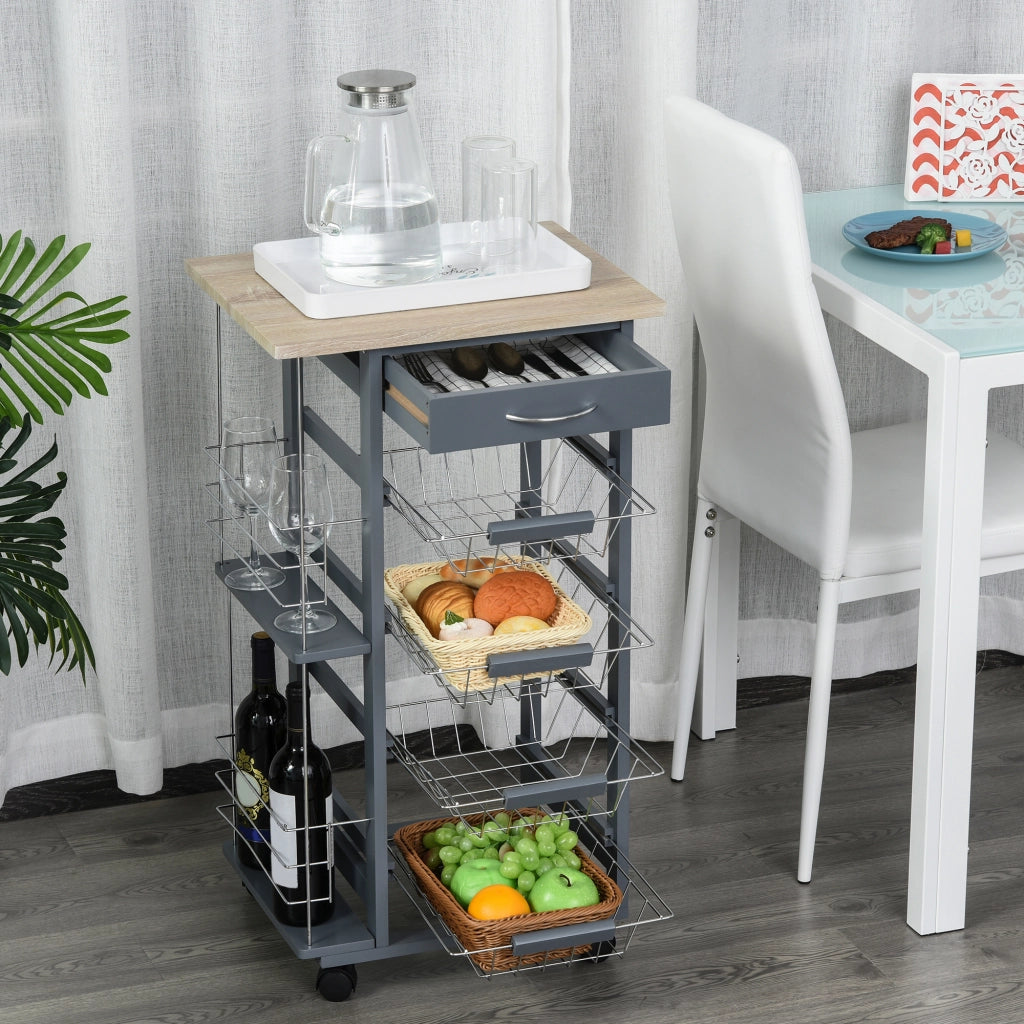 Carrello da Cucina in Grigio Scuro con 1 Cassetto e 4 Cestelli Metallici