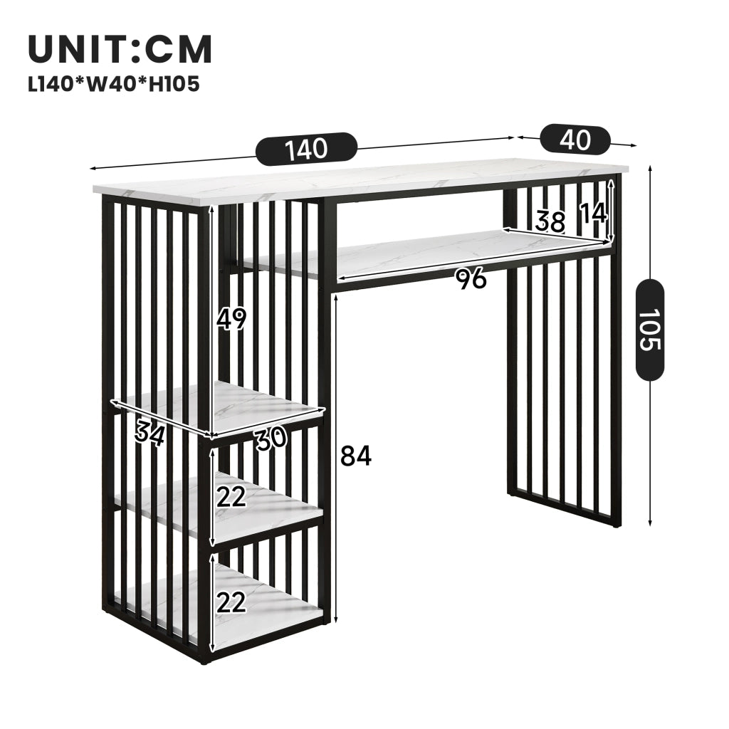 Tavolo da pranzo con 3 ripiani e piano in MDF effetto marmo, in metallo, per cucina, bianco nero, 140 × 40 × 105 cm