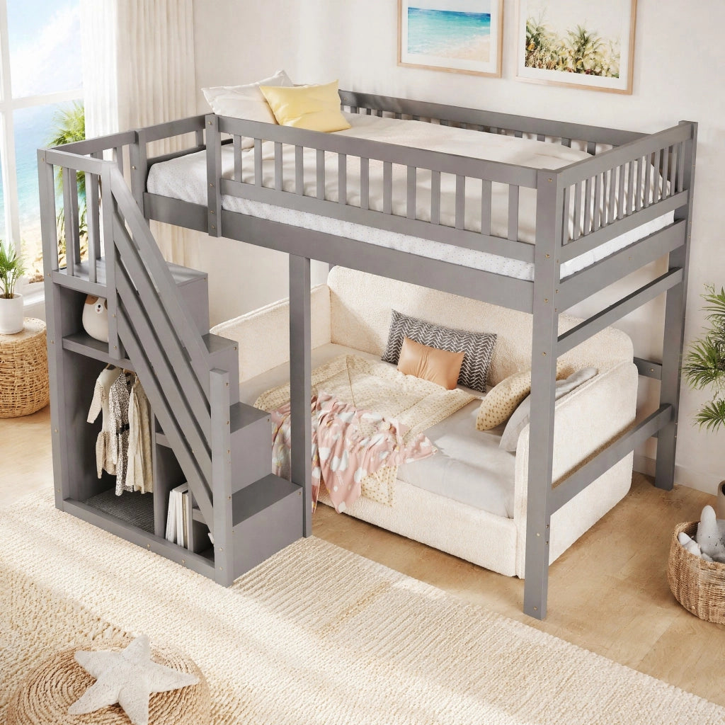 DESMIU Letto a soppalco 2 posti con scala contenitore e sponda alta 140 × 200 cm senza materasso grigio