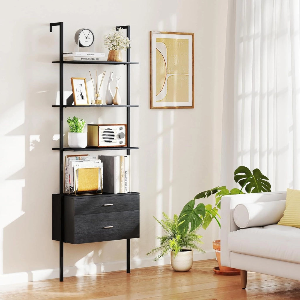 Scaffalatura con 4 ripiani aperti e 2 cassetti, 184 cm, libreria salvaspazio per soggiorno, studio e ufficio, 60 x 30 x 184 cm (nero)