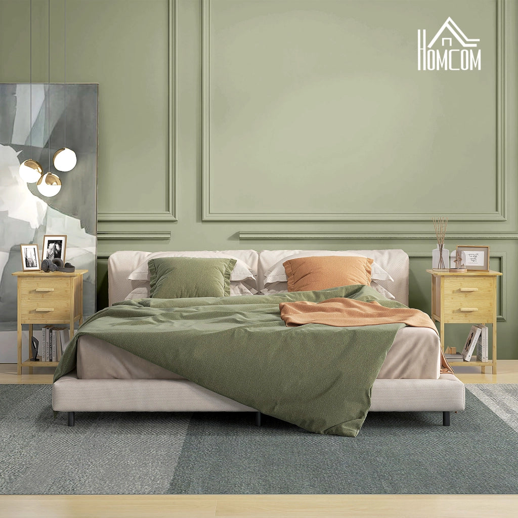 Set 2 Comodini con 2 Cassetti e Ripiano Inferiore in stile Nordico, Comodini Moderni in Bamb¨´, 40x34x60 cm, color Legno