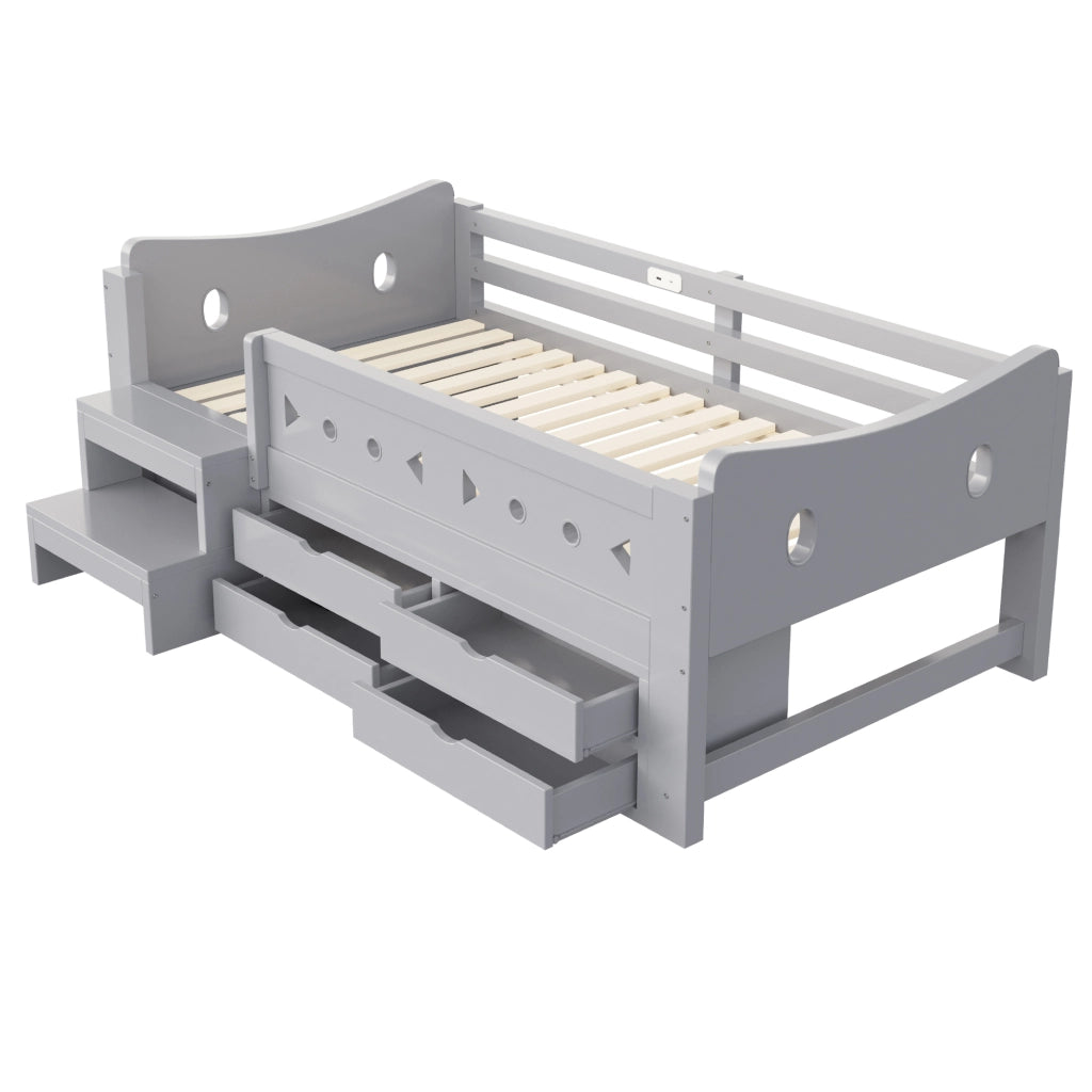 Letto singolo per bambini 90x200 cm con cassetti; testiera portaoggetti; sponda; LED; USB e USB-C; legno grigio