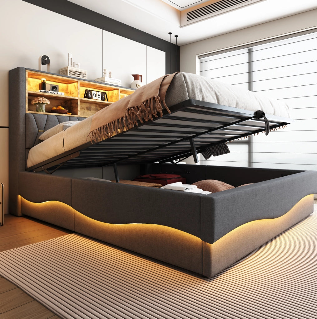 Letto matrimoniale 180x200 cm con contenitore; LED APP; USB e struttura in metallo grigio