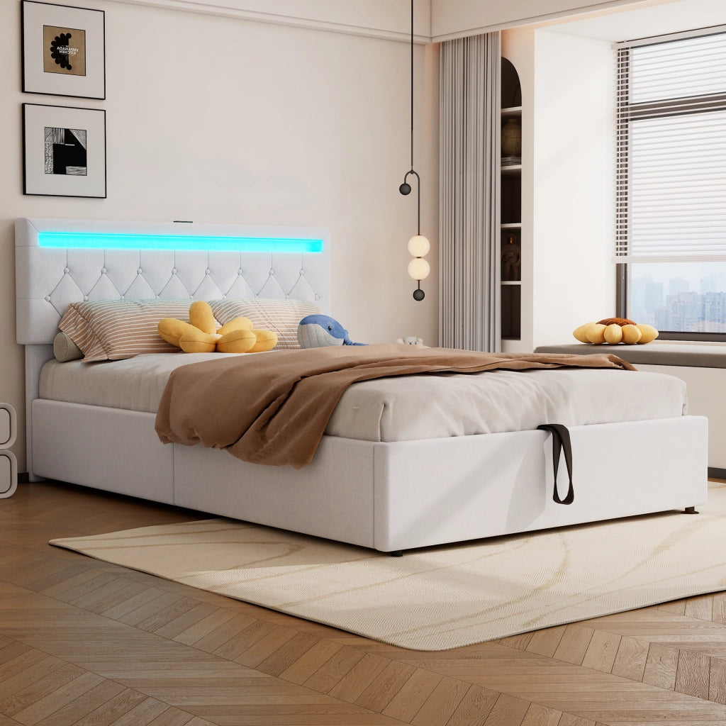 LETTO Imbottito Contenitore 140x200 cm in Lino Bianco con LED, USB e USB-C