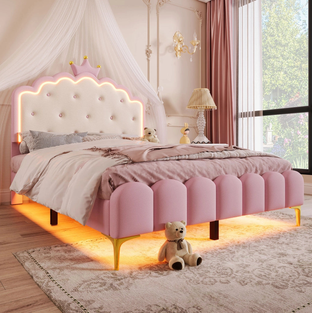 Letto principessa 140x200 cm con luci LED controllabili da app; PU; rosa (Senza materasso)