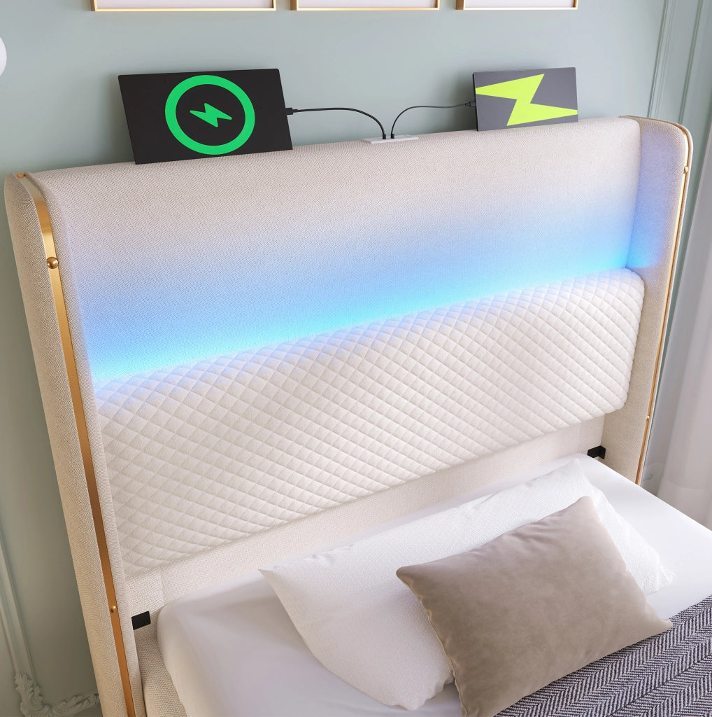 Letto con testiera alta, LED e ricarica, beige, 90x200 cm