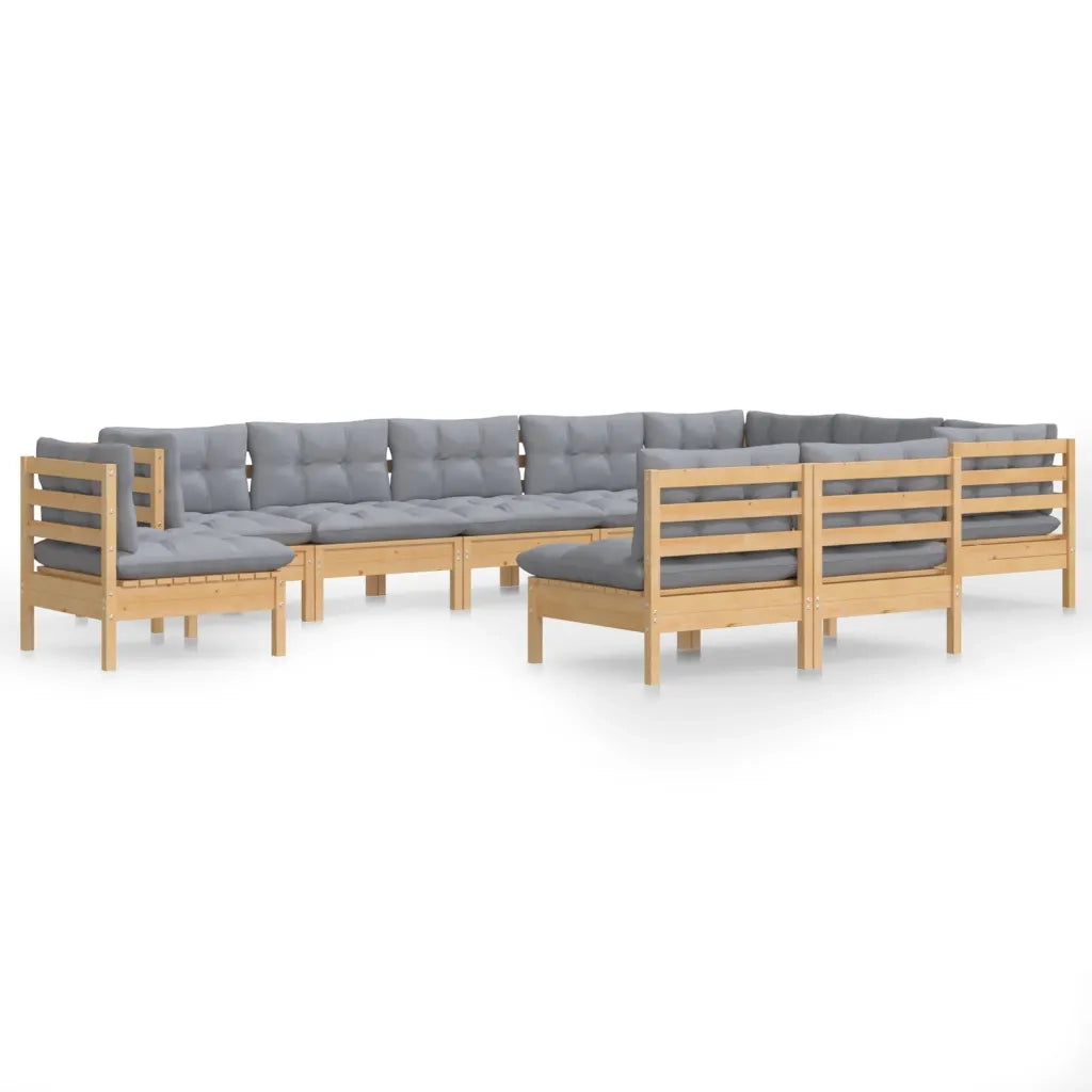 Set Divani da Giardino 10 pz con Cuscini Grigi Massello di Pino 3096754