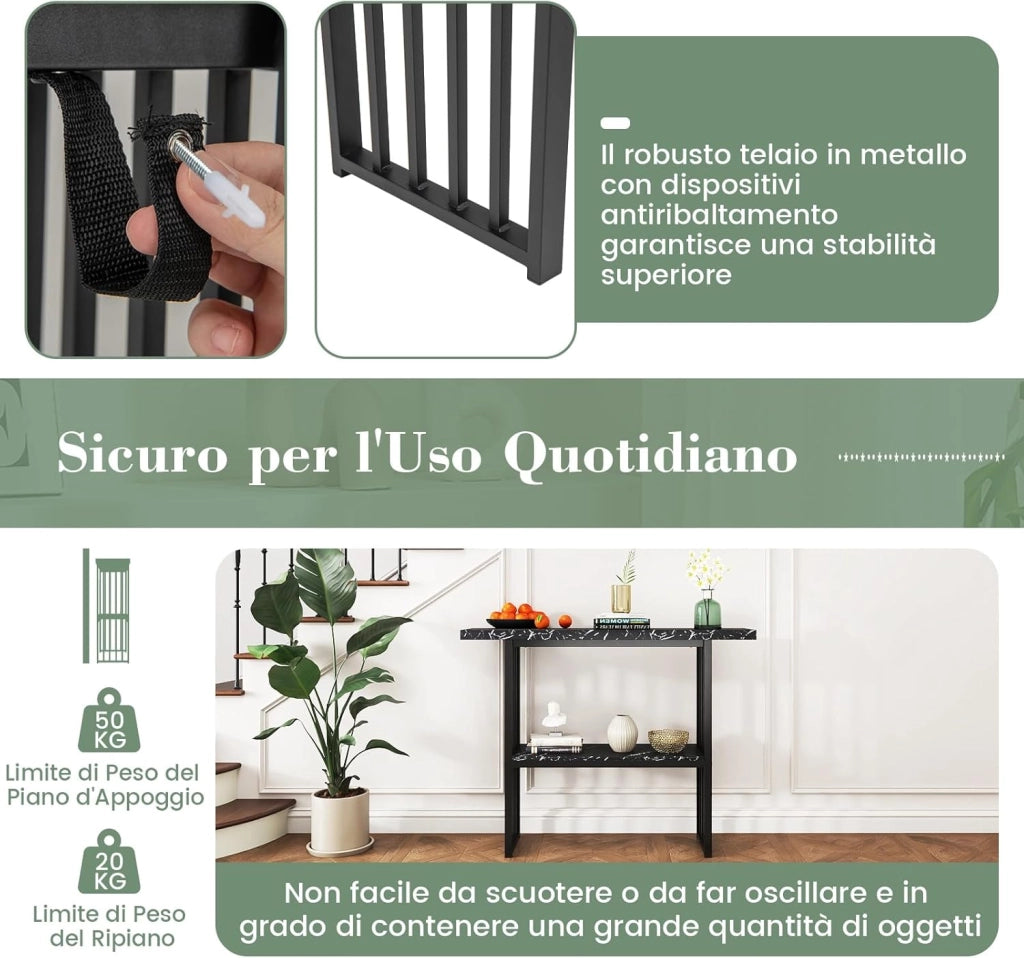 Tavolo da Ingresso Stretto e Compatto, Tavolo da Divano in Finto Marmo con Struttura in Acciaio, Consolle Moderno per Salotto e Corridoio, 120 x 29,5 x 92,5 cm (Nero)