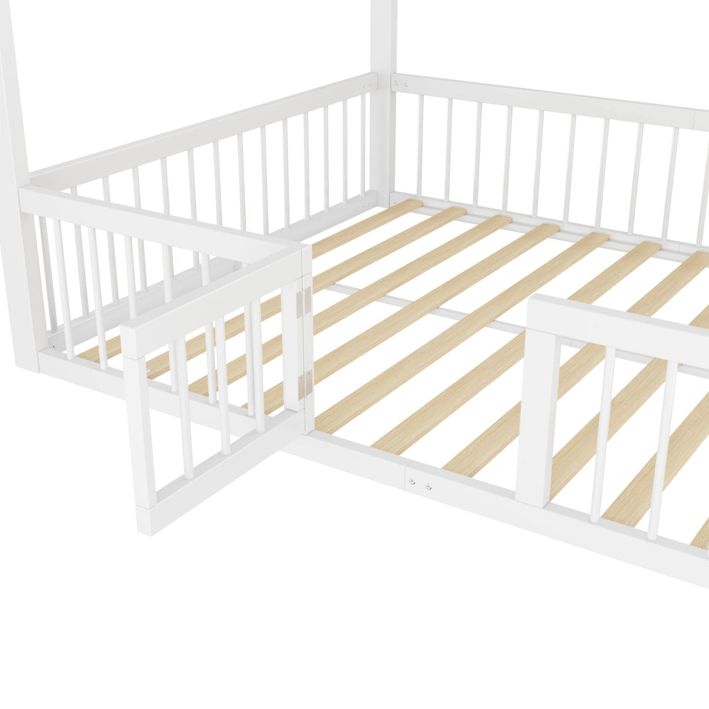 OKWISH Letto a casetta 140×200 cm, Letto Matrimoniale con Sponda di Sicurezza e Cancelletto, senza Materasso, in Metallo, Bianco