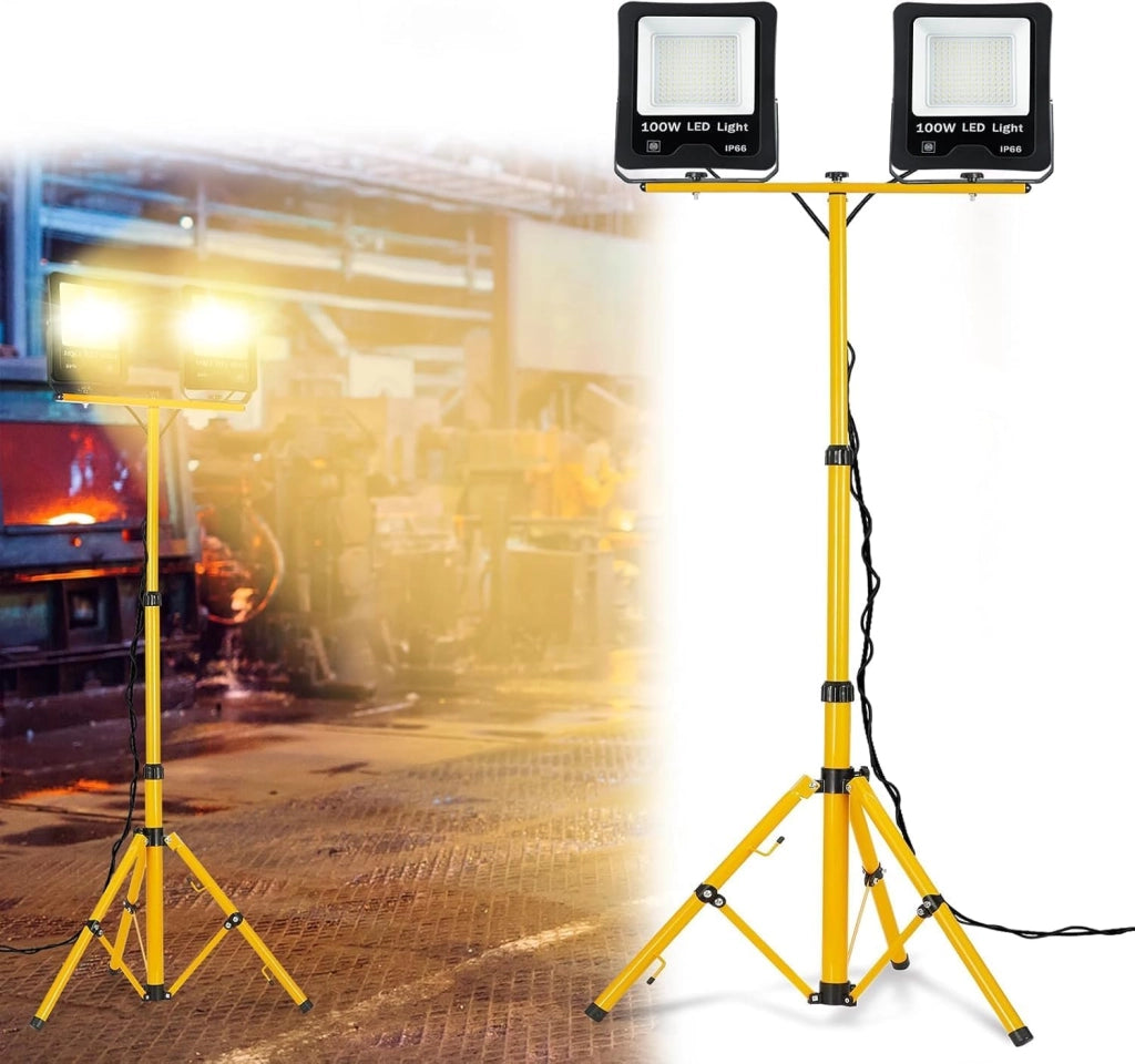 Faretto LED da 2x100W, 8500 lm, con treppiede regolabile e cavo da 3 m, impermeabile IP66, per officina, cantiere, garage, luce bianca calda