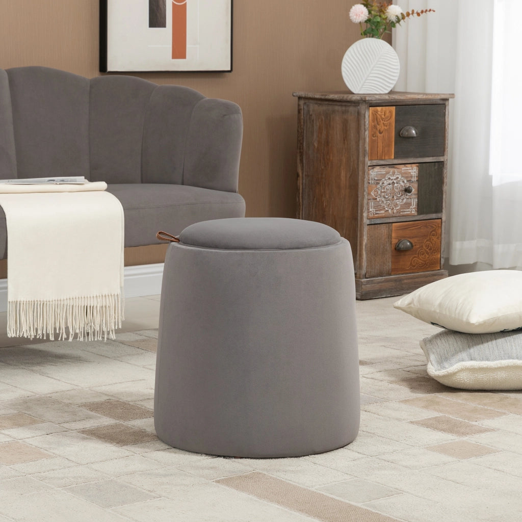 Pouf rotondo 2 in 1 con contenitore e coperchio reversibile in effetto velluto, grigio scuro