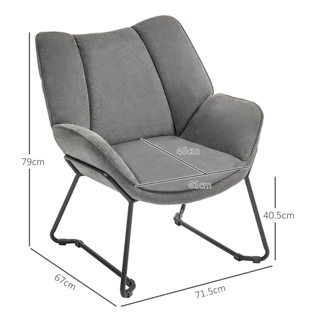 Poltrona d'Arredo con Braccioli Inclinati, in Tessuto Effetto Lino e Acciaio, 71.5x67x79 cm, Grigio