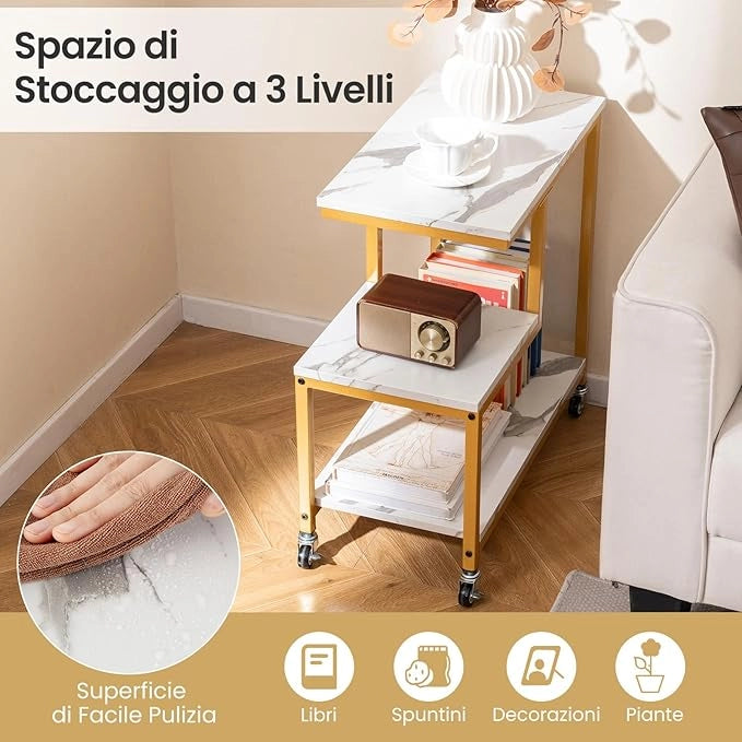 Tavolino a 3 Livelli, Tavolino Laterale a Forma di G con Ruote Bloccabili e Mensole Aperte, Tavolino Moderno da Salotto, Camera da Letto e Studio