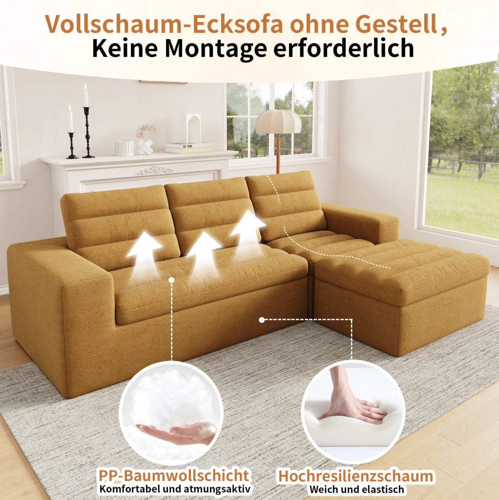Divano Angolare Modulare a L in Chenille, 4 Posti con Pouf, 253x161x89 cm, Arancione