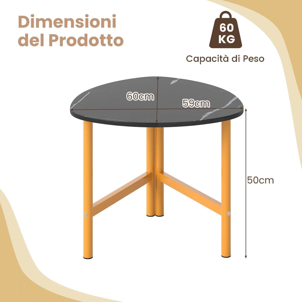 Tavolino da Salotto Triangolare, Tavolino Ovale con Gambe in Metallo, Tavolo Piccolo Industriale e Moderno per Soggiorno, Ufficio e Studio, 60 x 59 x 50 cm (Nero)