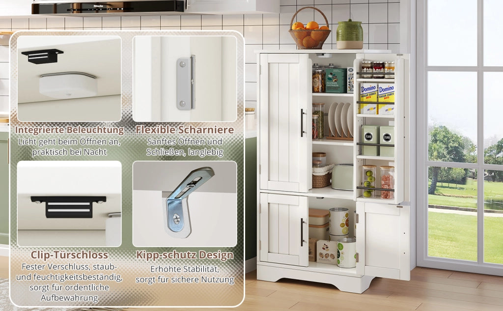 Armadio Cucina con Luce LED, 4 Ante, Ripiani Regolabili ¨C Xylo ¨C Bianco, 120x60x40 cm