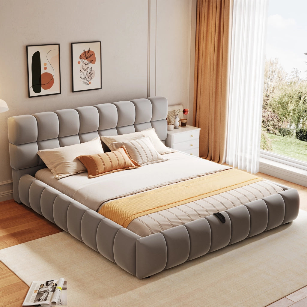 OKWISH Letto Contenitore 140×200 cm, Letto Matrimoniale con Contenitore Idraulico e Testiera Imbottita, senza Materasso, in Velluto, Grigio