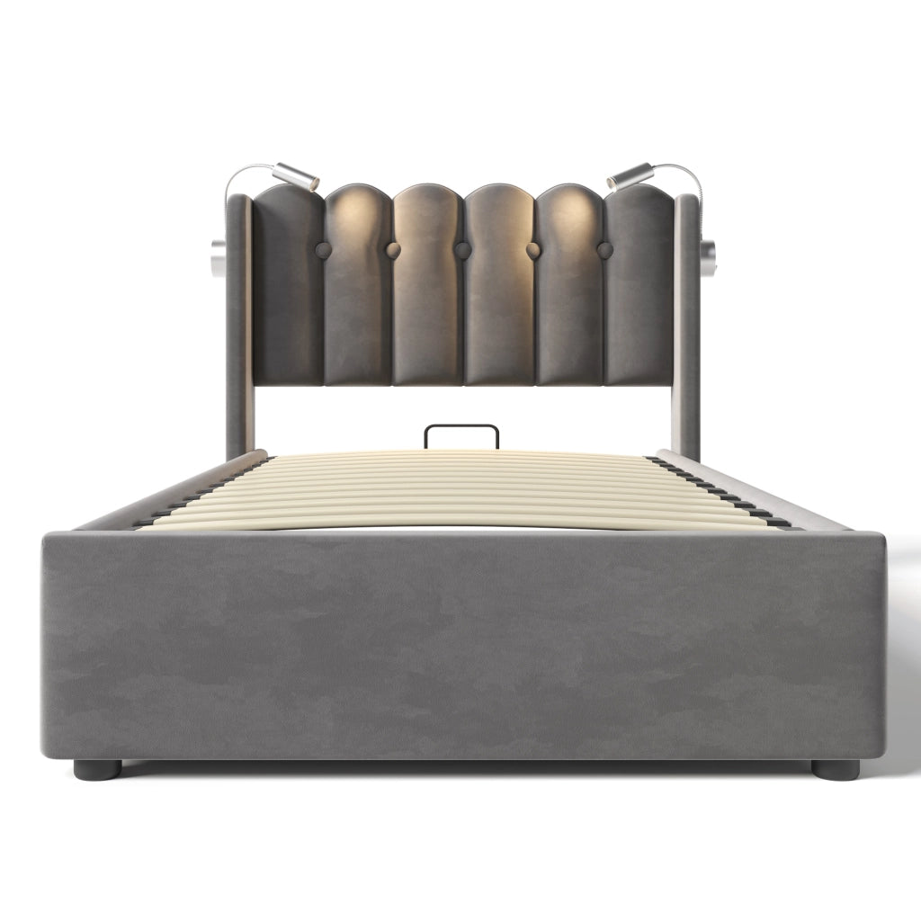 DESMIU Letto contenitore singolo con USB, luce da lettura e vano contenitore 90 × 200 cm, senza materasso, velluto grigio