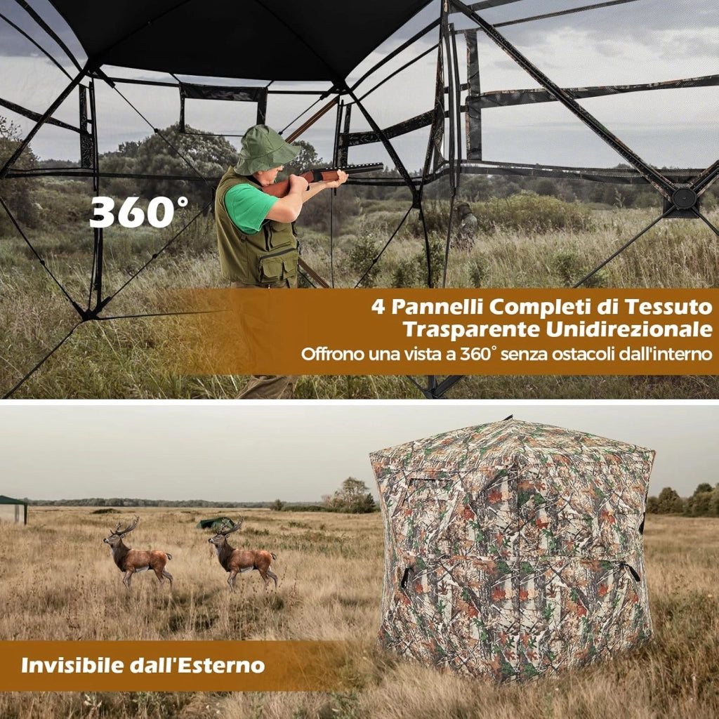 Tenda da Caccia per 2-3 Persone, Tenda Mimetica a Visione a 360° per Caccia, Tenda Pop-Up Camouflage con Borsa da Trasporto, Apribile Completamente da 1 Lato, 148 x 148 x 170 cm