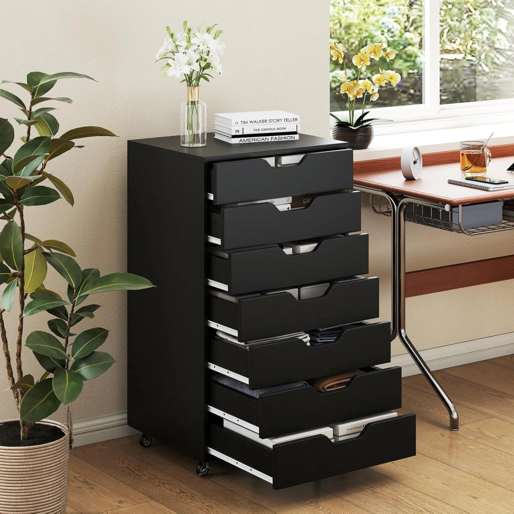 Cassettiera da Ufficio Mobile con 7 Cassetti, Mobile da Scrivania con Ruote per la Conservazione, Supporto per Stampante per Cartelle, Documenti, Carte, 49 x 40 x 87 cm (Nero)