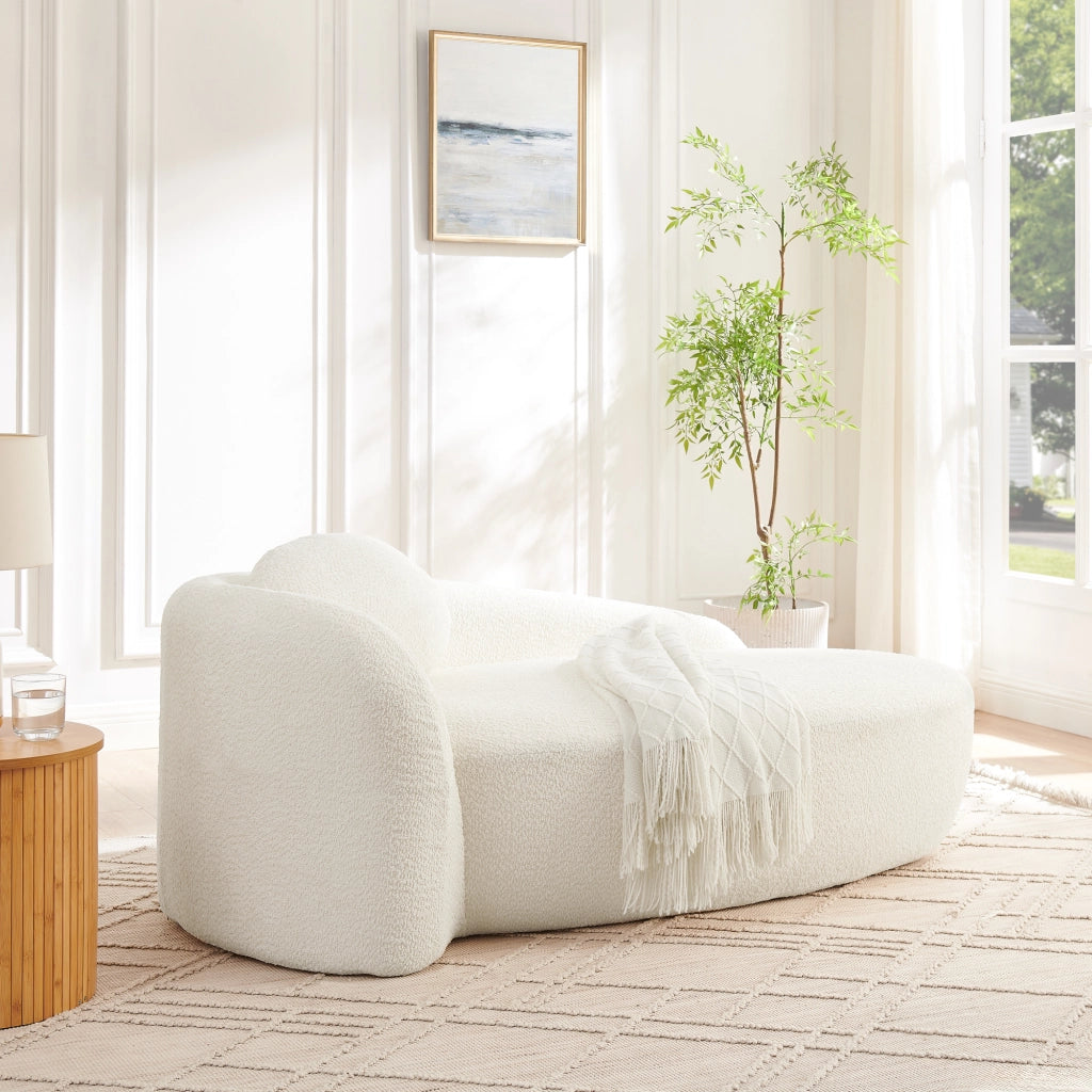 Divano in tessuto teddy con design arrotondato, cuscino integrato, schiuma elastica, beige