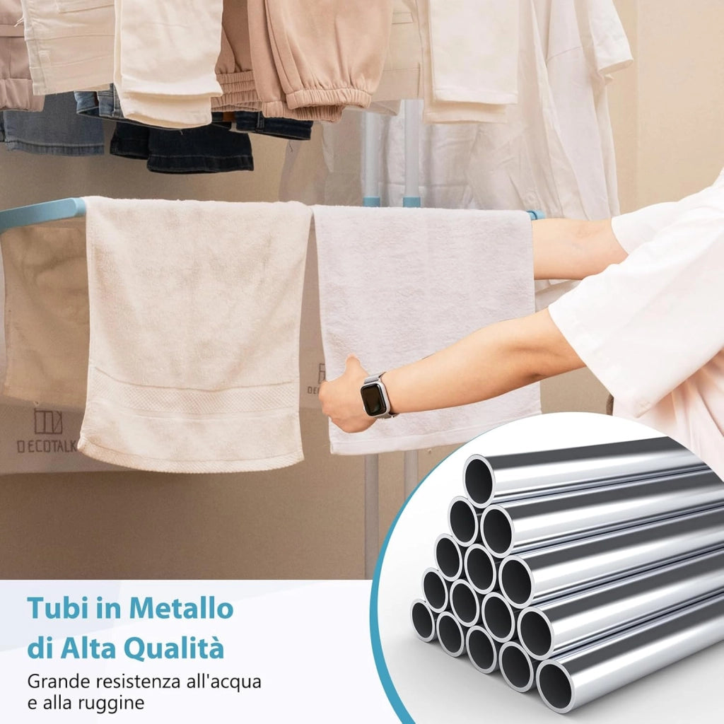 Stendibiancheria a Torre, Stendibiancheria Verticale Salvaspazio con Supporti per Grucce Girevoli e Piani Pieghevoli, Stendino Pieghevole con Ruote, 127 x 63 x 171 cm (Azzurro)