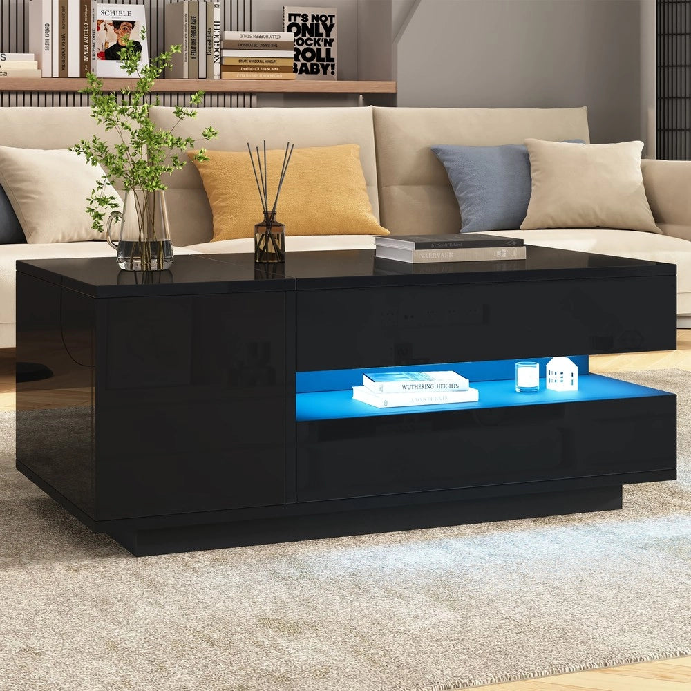 Tavolino da Caff¨¨ Sollevabile con LED, Cassetto e Vano ¨C MINIMAL ¨C Nero Lucido 95x50x40