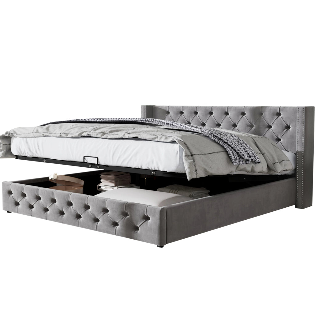Letto matrimoniale imbottito Chesterfield con contenitore 140x190 cm in velluto grigio
