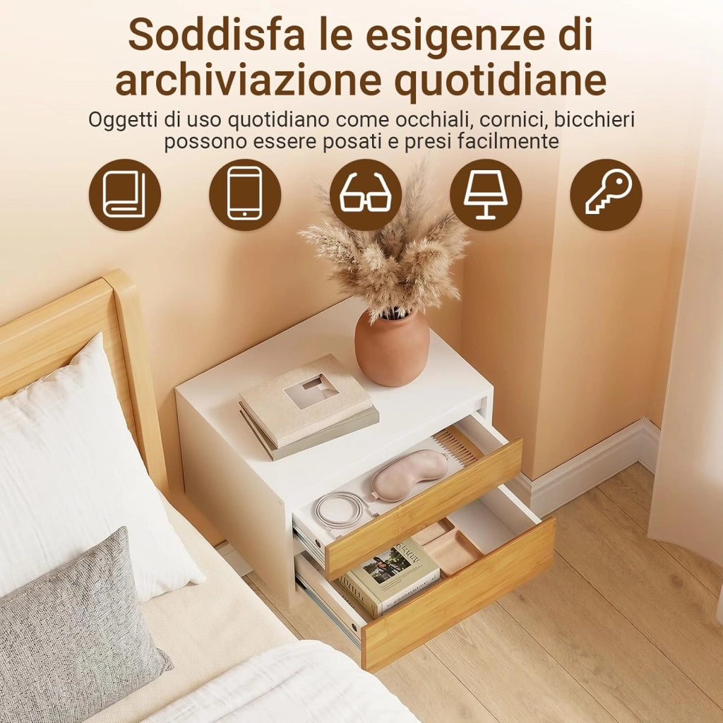 Comodino camera da letto sospeso con lampada a sensore di movimento rimovibile e 2 cassetti, Comodino da parete per camera da letto e ingresso, 40x29.8x25.6cm, Bianco Naturale, FBT175-E-WN
