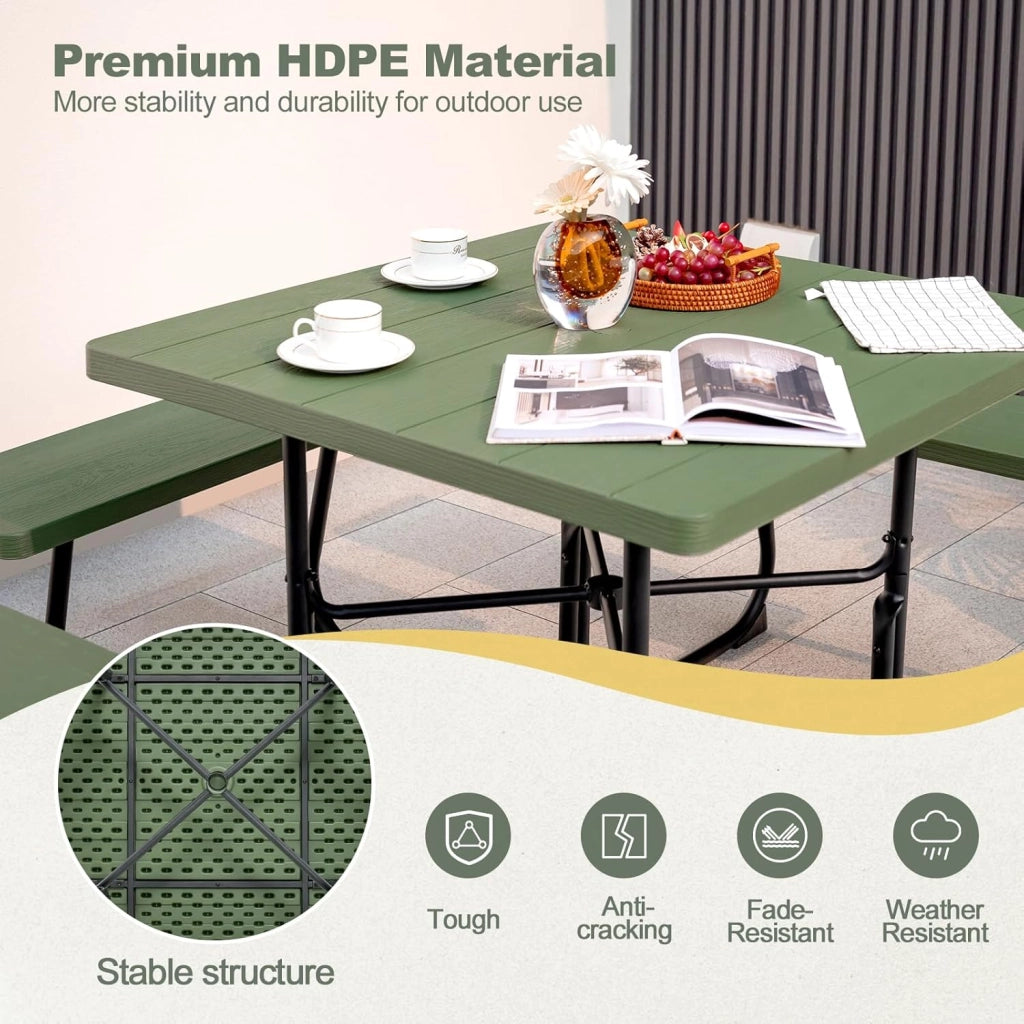 Set di tavolo da picnic per 8 persone, tavolo quadrato e 4 panche in HDPE, con foro per ombrellone, texture simile al legno, per giardino, patio (verde)