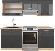 Cucina componibile R-Line, Antracite lucido/oro power oak, 200 cm senza piano di lavoro, adatto per l'espansione personalizzata tramite moduli aggiuntivi
