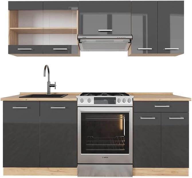 Cucina componibile R-Line, Antracite lucido/oro power oak, 200 cm senza piano di lavoro, adatto per l'espansione personalizzata tramite moduli aggiuntivi