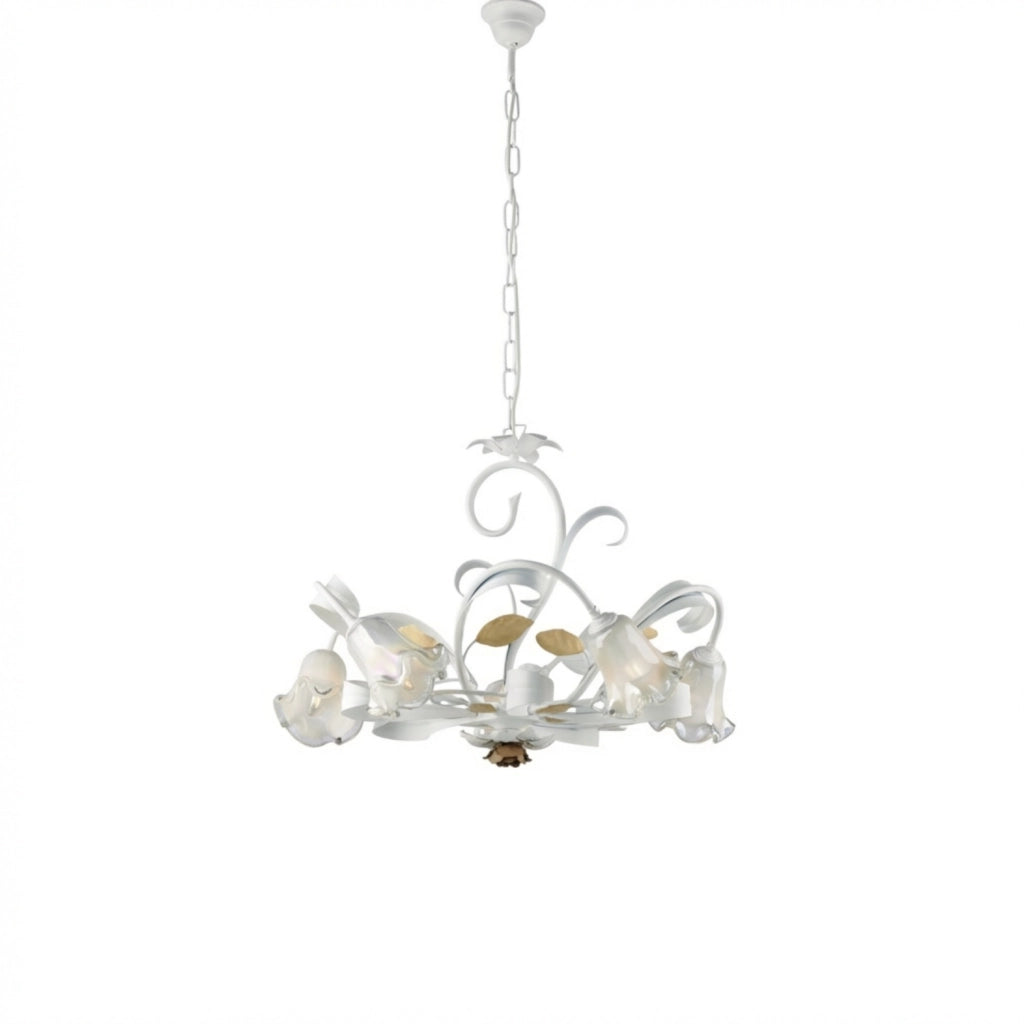 Lampadario Arte Povera Cesto Metallo Bianco E Oro 5 Luci E14