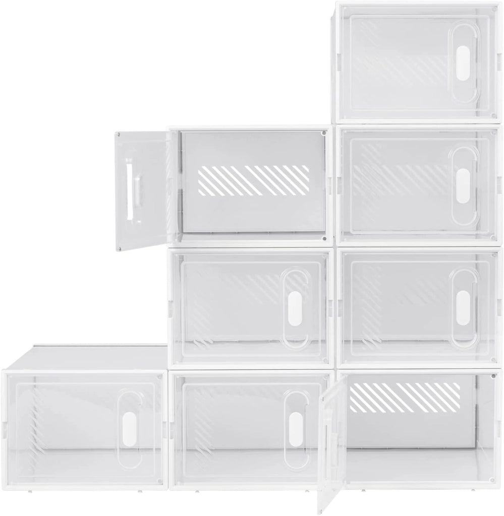 Set di 8 Scatole per Scarpe Contenitore Portascarpe Scarpiera Organizzatore Portaoggetti Impilabile Salvaspazio Coperchio Magnetico Plastica Trasparente Bianco 35x25x19cm