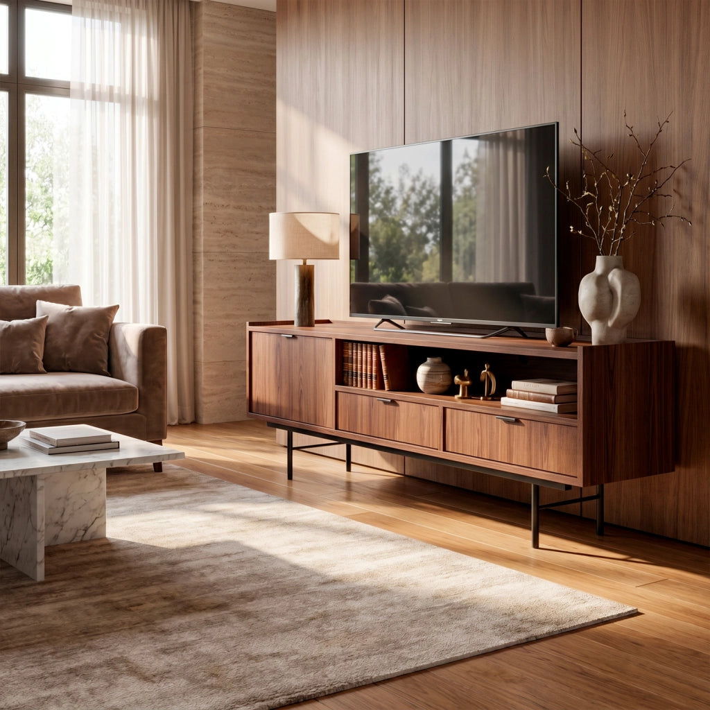 Mobile Porta TV Moderno In Melaminico 1 Anta A Ribalta 2 Cassetti Con Vano A Giorno E Passacavo Per Soggiorno Salotto Zona Living Design Contemporaneo 150 X 40 X 55 Cm Noce