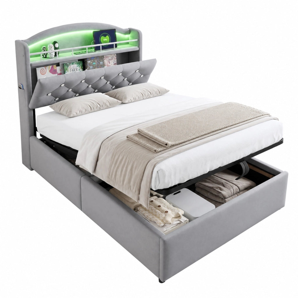 Letto imbottito per bambini 90x200 cm con contenitore; LED; USB e portaoggetti; grigio