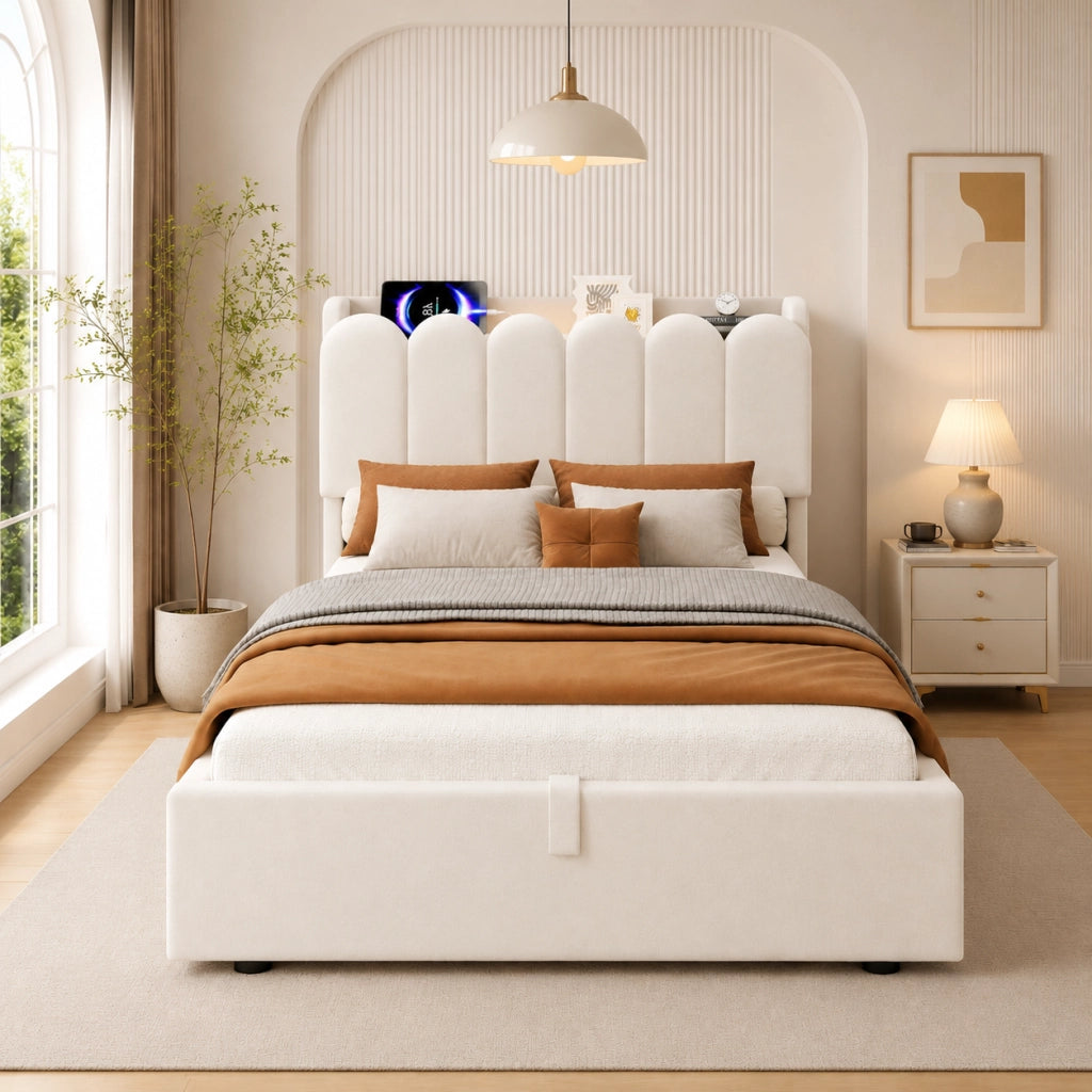 Letto Contenitore per Bambini 90 x 200 cm - USB; Type-C; Lampada e Mensole - Beige