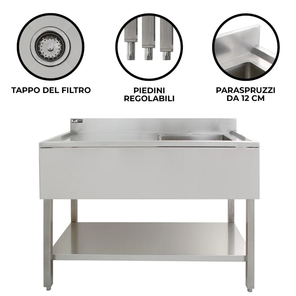 Lavello per ristorazione in acciaio inox per cucina commerciale a vasca singola con Drenaggio a sinistra