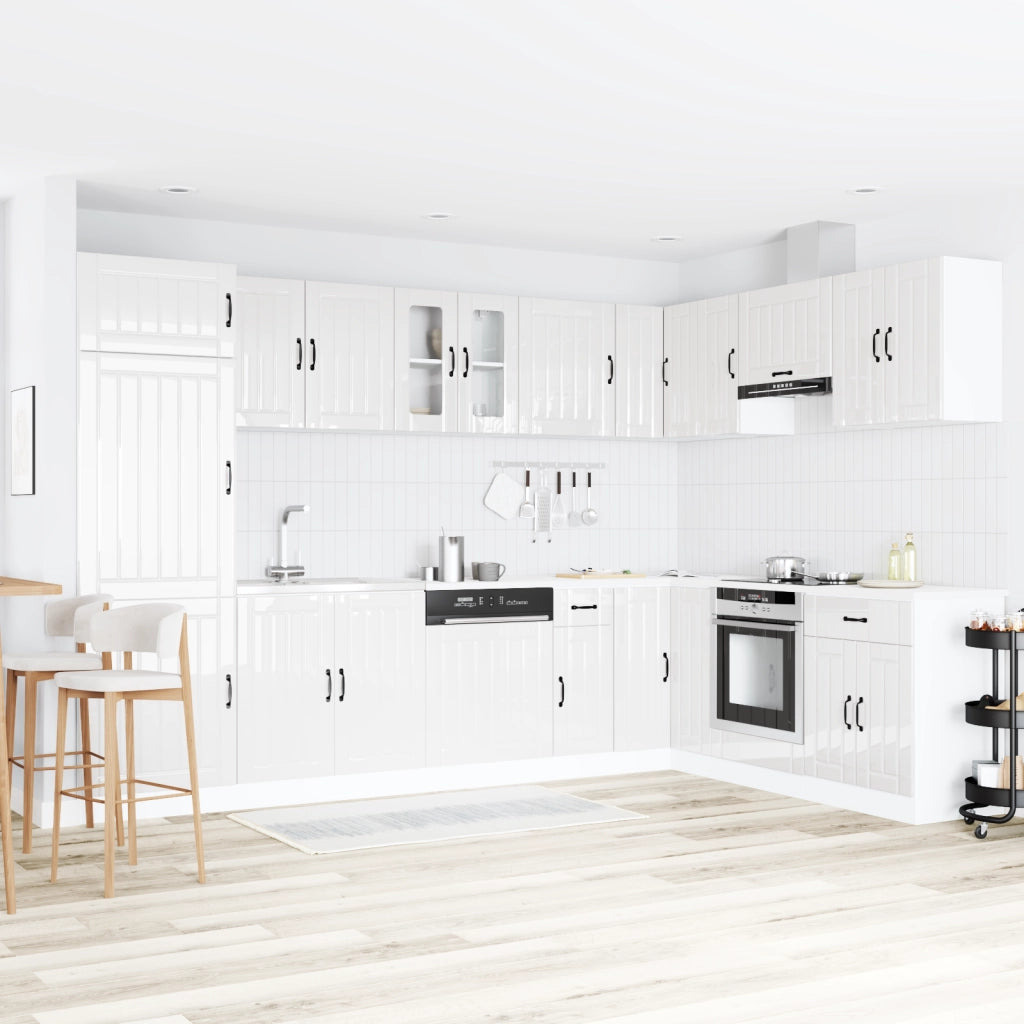 Armadio da cucina  "Lucca" con doppi lavelli in legno ingegnerizzato lucido bianco