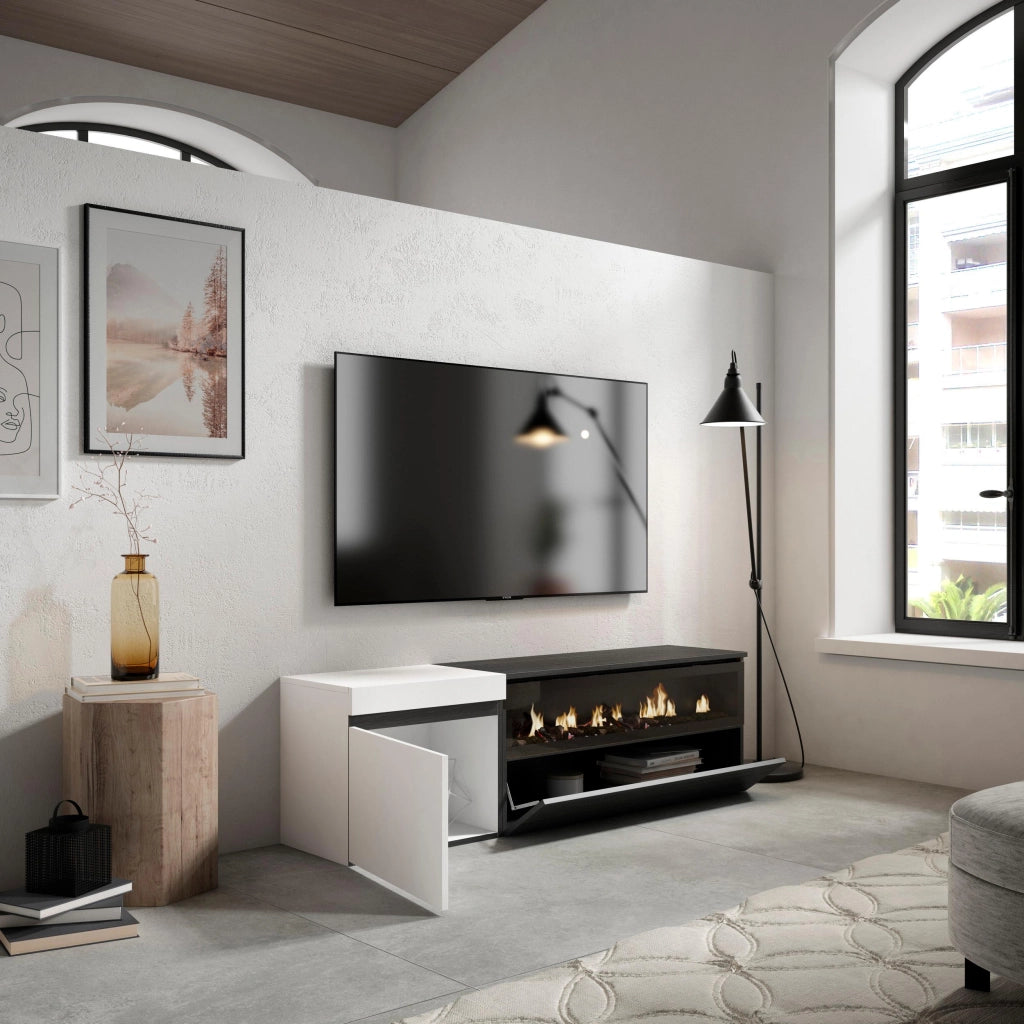 Mobile TV Soggiorno, 150x35x45cm, Per TV fino a 65", Camino elettrico, Bianco e nero RF2448