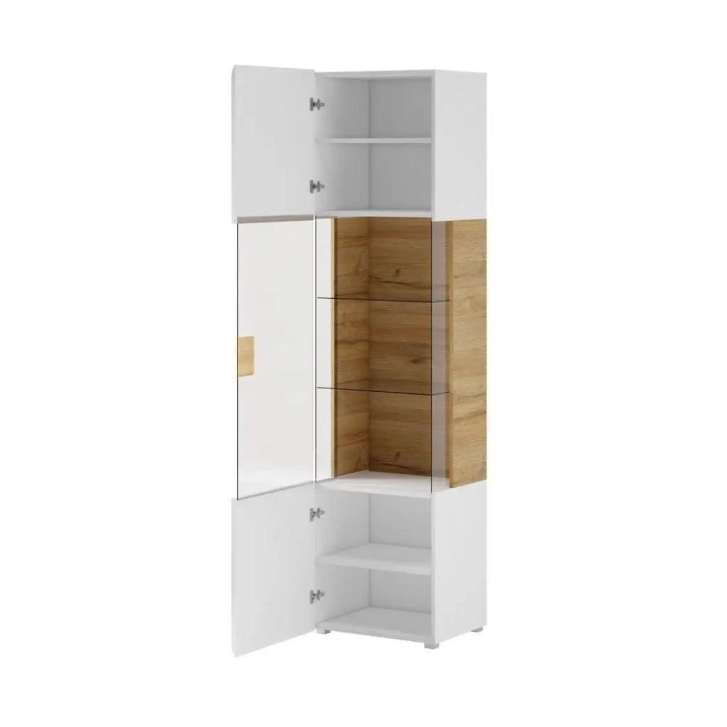 Set completo di 6 mobili da soggiorno collezione OHIO. Colori bianco e effetto quercia.