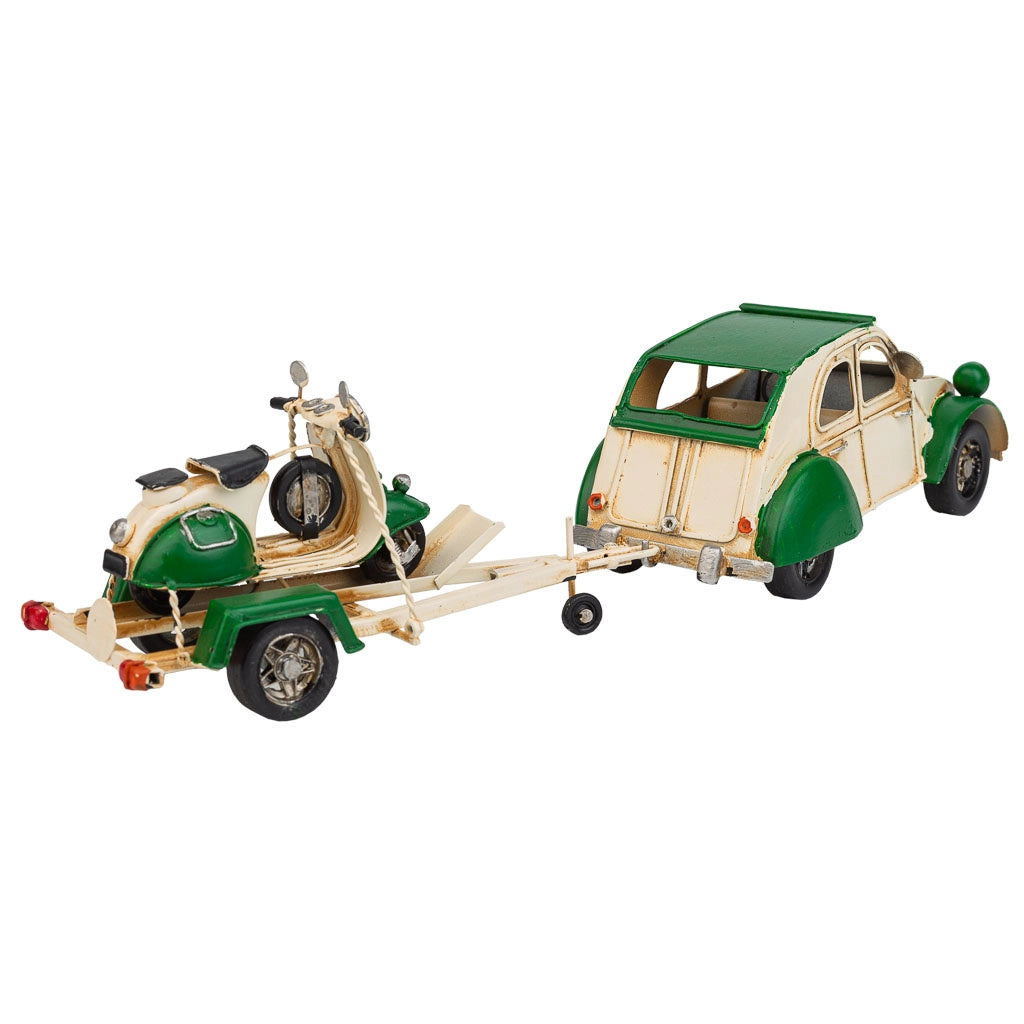 Rimorchio auto con moto in metallo verde 41x9x9,5h