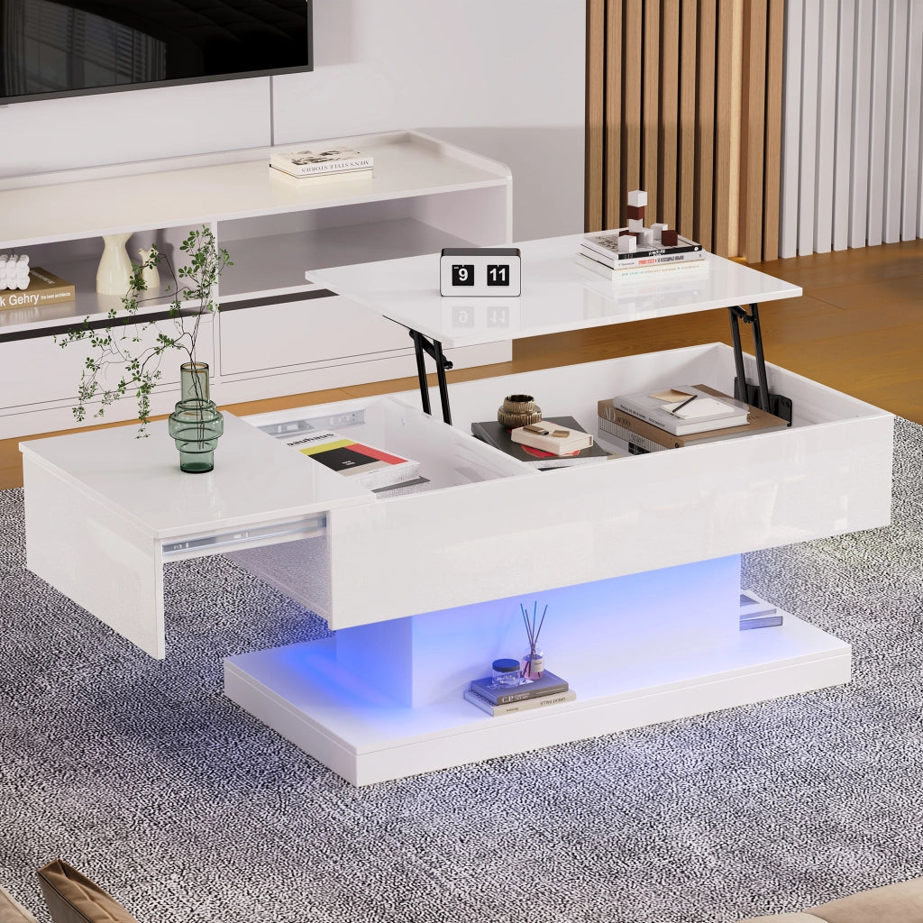 Tavolino da caffè 100x50x45 cm; piano sollevabile e scorrevole con LED; truciolare bianco