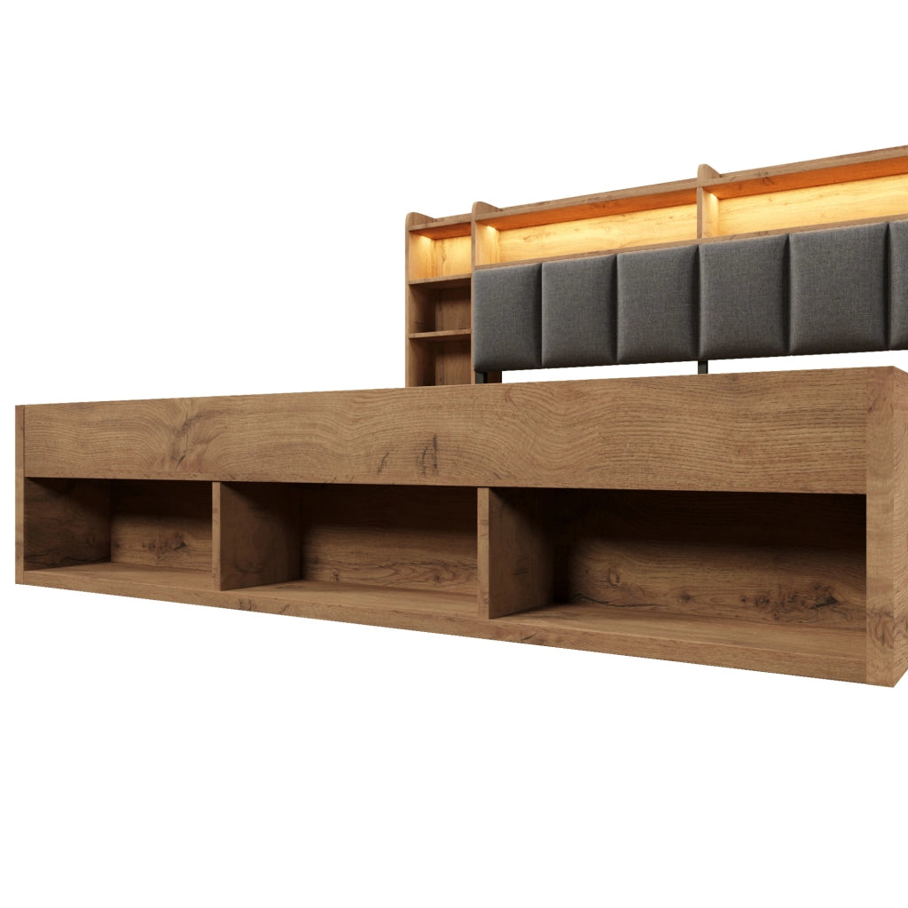 Letto matrimoniale 160x200 cm effetto rovere con LED; porte USB e USB-C; contenitore