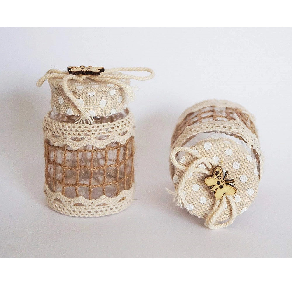 Trade Shop - Set 12 Bomboniere Barattolo Beige Pois 4x6.5cm Plastica Rete Farfalla Portaconfetti -
